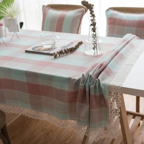 Green Plaid Lace Edge Table Cloth Decorative Linen Waterproof Summer Color Table Cover Mantel Antimanchas