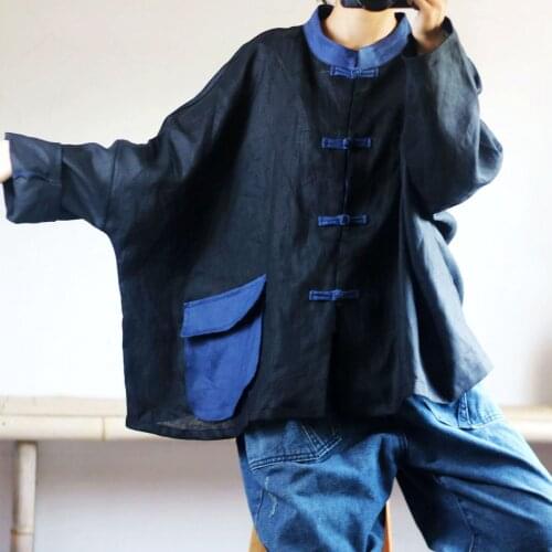 Women Spring Autumn Linen Patchwork Jackets Coat Outerwear Ladies Vintage Flax Bat Sleeve Coat Female Single Breasted Coat