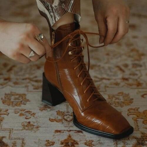 New Womens Chelsea Boots Retor Lace Up Side Zipper Ankle Boots Mid Heel Soild Color Solid Square-toe Females Casual Shoes