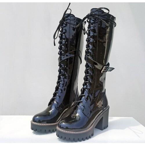 Womens Platform Knee Thigh High Boots Platform Block Chunky Heels Punk Riding Shoes Knight Belt Buckle Black New 2020