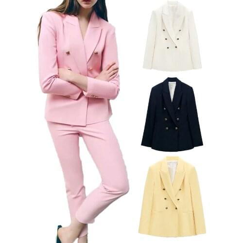 ZA suit + trousers 2021 summer new ladies wild double-breasted casual blazer + button high waist trousers professional wear