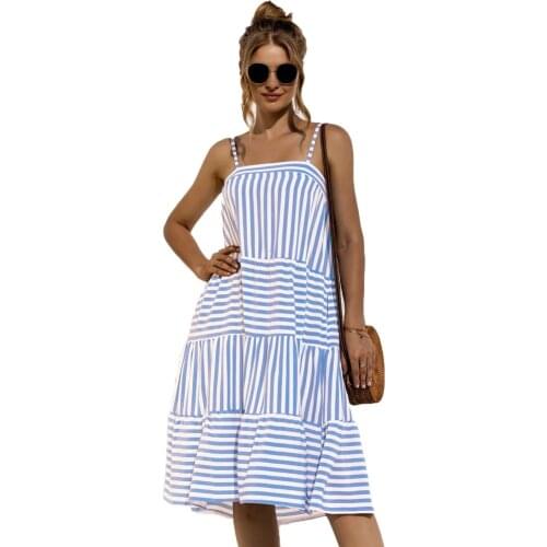 Casual Loose Striped Patchwork Summer Beach Dress 2021 Sundress Sexy Spaghetti Strap Backless Midi Dresses For Women Vestidos