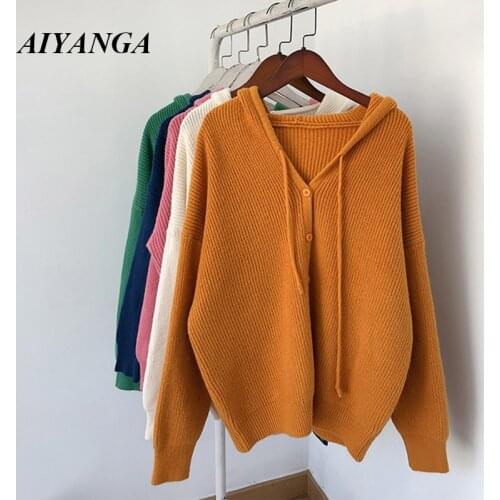 Korean 2021 Autumn Winter V-neck Knitted Sweaters Women Cardigan Fashion Long Sleeve Rib Casual Hooded Pull Femme Outerwear
