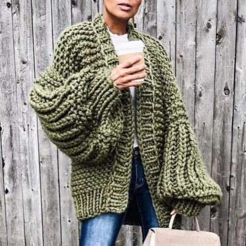 Hand Knitting Sweater For Women V Neck Lantern Long Sleeve Loose Oversized Cardigans Casual Sweaters Female 2020 Fashion New