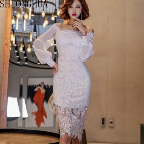 New Sexy Hollow Out White Lace Dress Women Summer Long Sleeve Slash Neck Off Shoulder Knee Length Dress Female Vestidos Skinny