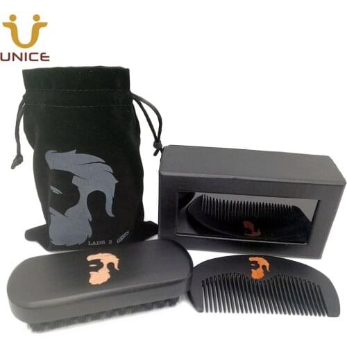 100pcs/lot Black Beard Care Kit Custom LOGO Gift Box Pouch Fine & Coarse Teeth Wood Beard Hair Comb & Boar Bristle Beard Brush