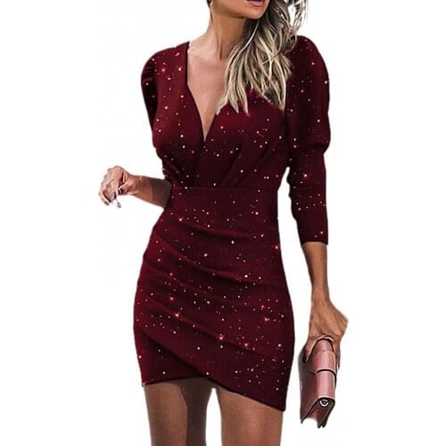 50%HOT Sexy Women Deep V Neck Long Sleeve Starry Sky Ruched Club Bodycon Mini Dress