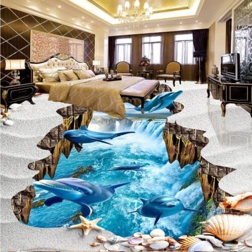 Free Shipping Dolphin Waterfall 3D Floor Painting thickened non-slip living room bedroom bathroom kitchen flooring mural