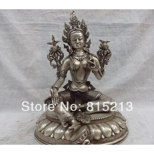 Bi00646 10" Tibet Silver Buddhism Style Sculpture Bronze Lotus Green Tara Buddha Statue