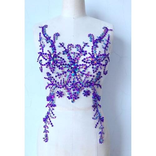 Pure hand made dazzling purple sew on Rhinestones applique crystals patches 49*31cm dress accessory