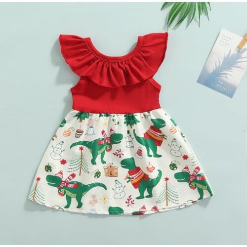 FOCUSNORM Christmas 1-6Y Toddler Kids Girls Sweet Dress Cartoon Dinosaur Printed Ruffles Off Shoulder A-Line Dress