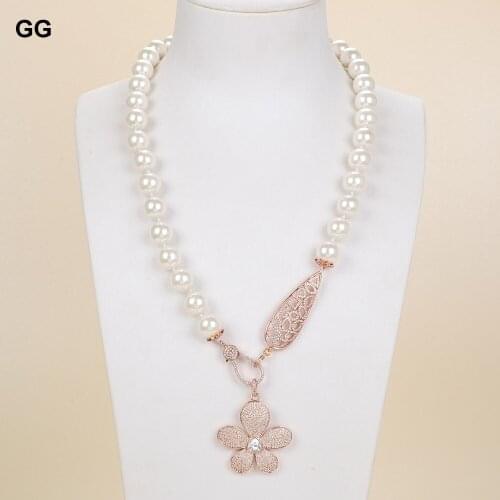 GG Jewelry 21'' White Round Sea Shell Pearl Necklace CZ Pendant