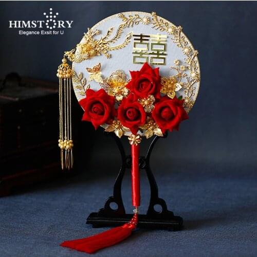 HIMSTORY Chinese Red Rose Bride Fan Bouquet Artificial Vintage Flowers Bouquets Gold Phoenix Bridal Wedding Fans Hand Holder