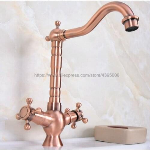 Red Copper Bathoom Kitchen Faucet Swivel Spout Dual Cross Handles Lavatory Sink Mixer Taps Deck Mounted Hot and Cold Tap Bnf618