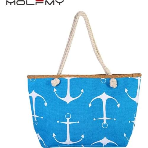 Ladies Canvas Handbag Colorful Large Capacity Anchor Prined Female Shoulder Beach Tote Bag Cotton Rope Eco Reusable Bag 2021 New