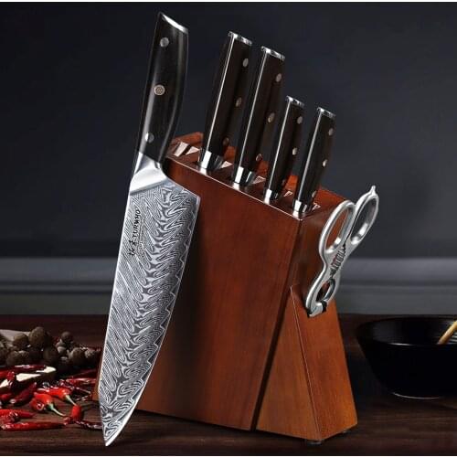 TURWHO 7PCS Pro Kitchen Knife Sets Japanese Damascus Steel Knives Best Chef Knife Set With Excellent Acacia Wood/Knife Set BlocK