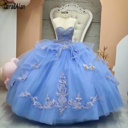 New Puffy Skirt Sky Blue Quinceanera Dresses Lace Applique Sequin Vestidos De 15 Anos Sweet 16 Ball Gown Corset Prom Dress