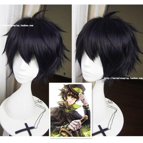 Anime Seraph of the End Yuichiro Hyakuya Cosplay Wigs Short Black Mix Blue Heat Resistant Synthetic Hair Wig + Wig Cap