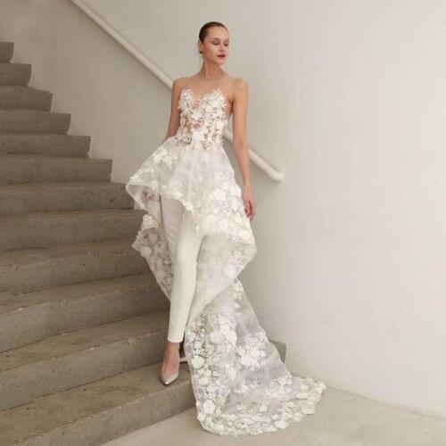 Gorgeous Floral White Appliques High Low A-line Prom Gowns with Train Illusion Neckline Chic Formal Dress Event Wear With Pants