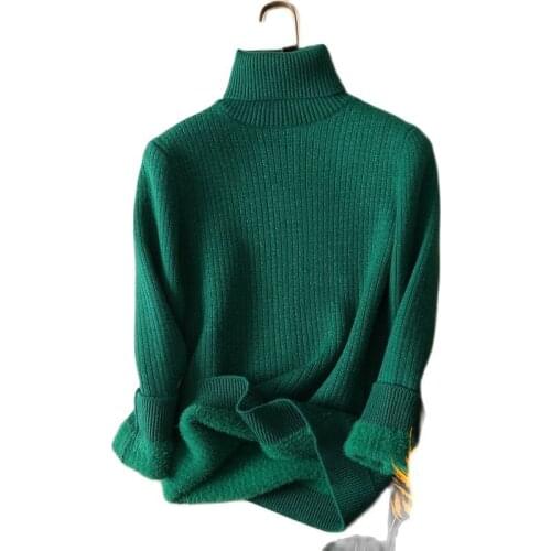 Thicken Fleece Warm Women Sweater Pullovers Solid Long-Sleeved Turtleneck Buttoming All Match Female Pulls Tops