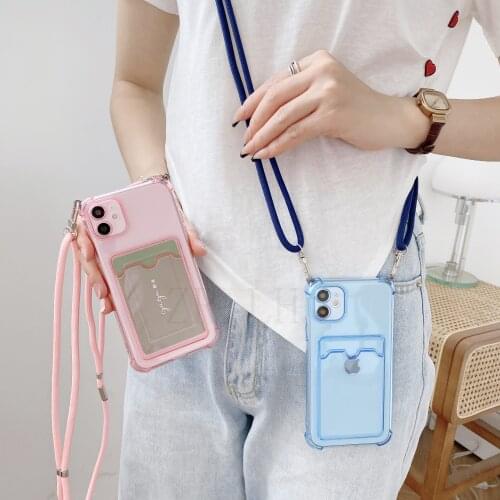 Lanyard Necklace Strap transparent Soft TPU Case For iPhone 12 11 Pro XS Max Mini X XR 8 7Plus SE Wallet Card Slots Holder Cover