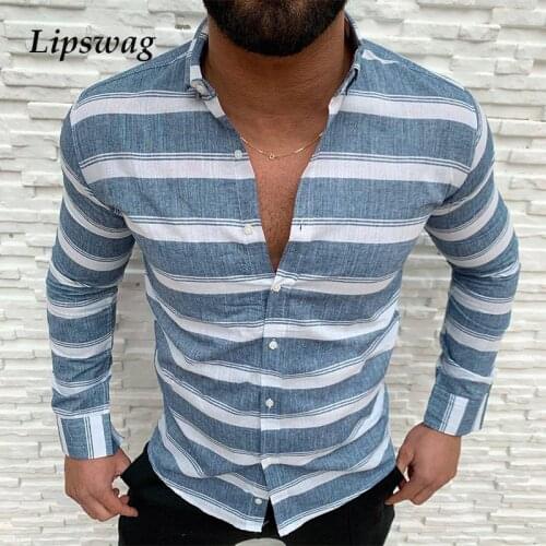 Spring Summer New Casual Striped Print Shirts Men Fashion Button Lapel Slim Tops 2021 Vintage Mens Long Sleeve Shirt Streetwear