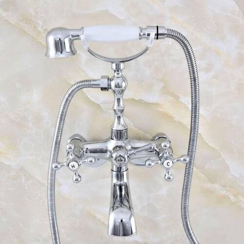 Silver Polished Chrome Brass Wall Mounted Dual Cross Handles Clawfoot Bathtub Faucet Handshower - Adjusts From 3-3/8" aqg415