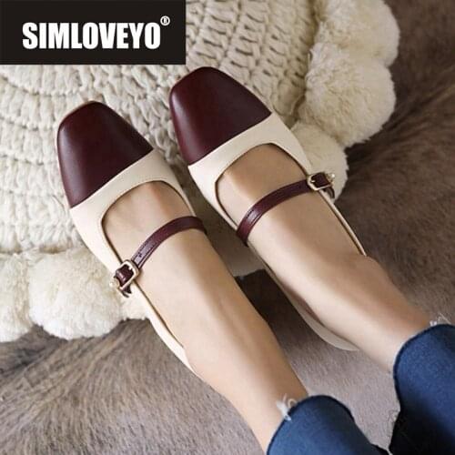 SIMLOVEYO New 2021 Women Pumps Square Toe 5.5cm Block Heels Buckle Patchwork Stylish Classic Big Size 48 Casual Brown A3788