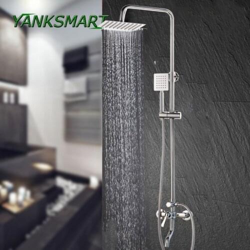 YANKSMART 8 Inch Rainfall Shower Head Mixer Faucet Bathroom Adjust Height 2 Functions Shower Faucets Set Chrome Polished