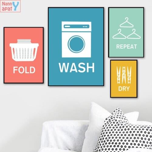 Laundry Sign Wash Fold Repeat Dry Cartoon Wall Art Canvas Painting Nordic Posters And Prints Wall Pictures For Washroom Decor