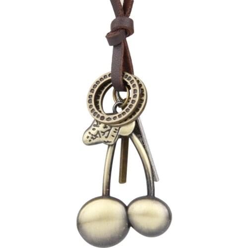NIUYITID Vintage Cherry Pendant Necklace Men Metal Chain Neckless Leather Rope Adjustable Retro Jewelry Boys Necklaces