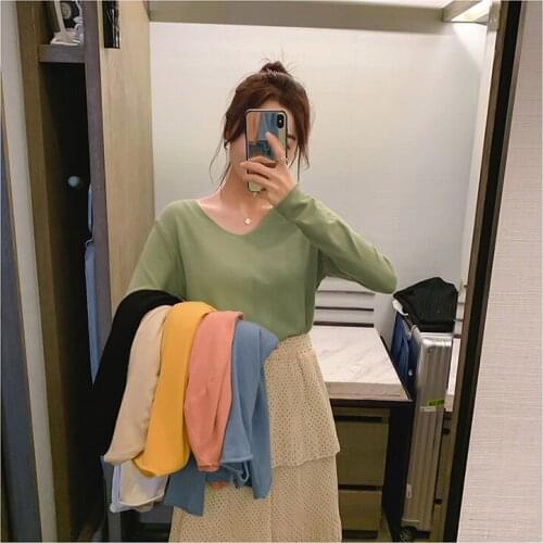 Covering Yarn Pullover Women Autumn 2020 Korean Style Casual Solid Color V Neck Knitted Sweater Tops Knitwear T404