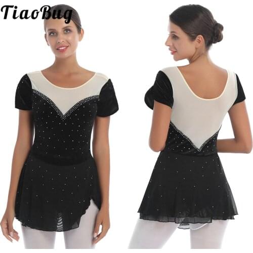 Womens Adult Rhinestone Velvet Dress Figure Skating Dress Gymnastics Leotard