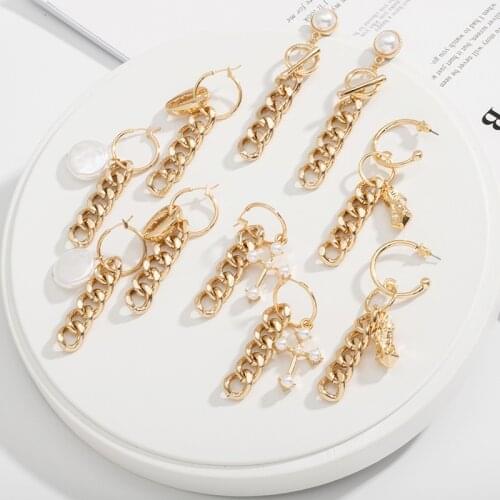 1Pair Punk Gold Color Chain Pearl Cross Hoop Earrings For Women Men Rock Twist Tassel Shell Round Earrings Charm Jewelry E297