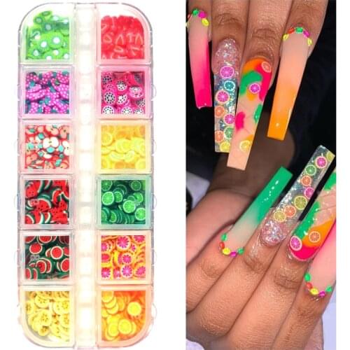 12 Designs Nail Art Cute Fruit Slice 3D Polymer Clay DIY Decorations Colorful Sticker Polish Manicure Nails Charms Accessories
