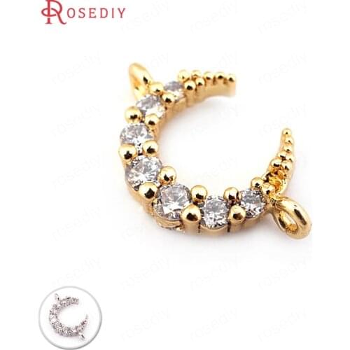4PCS 12x10x3MM Brass with Zircon 1 Hole and 2 Holes 24K Gold Color Moon Charms Pendants Jewelry Findings Accessories
