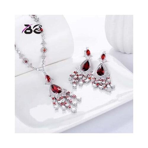 BE8 Luxury Red Water Drop Pendant Jewelry Set For Women 5 Colors Bohemia Necklace Earring Sets Bridal Dress Accessories S-024