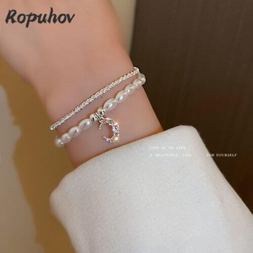 Ropuhov 2021 New 925 Silver Fashion Jewelry Woman Gift Water Pearl Moon Minority Design Bracelet Light Luxury Bling Wholesale