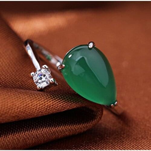 Drop Shipping Natural Green Agate Water drop shape Ring Chalcedony Tears Sliver S925 Jade Ring Gift for Females Fine Jewey