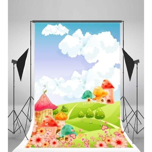 Photography Backdrop Cartoon Mushroom House Trees Fresh Flowers Hearts Green Grassland Blue Sky White Cloud Shower Birthday