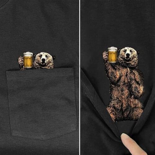 Drink Bear In Pocket T Shirt Dog Lovers Black Cotton Cartoon t shirt men for women summer fashion tshirt tops size XS-7XL