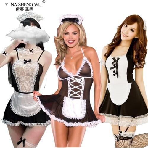 Hot Women Sexy French Maid Cosplay Lingerie Set Sexy Lace Perspective Costumes Exotic Babydoll Uniform Apron Lovely Maid Outfits