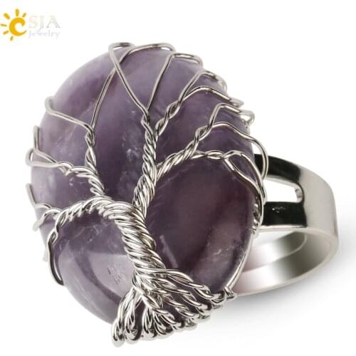 CSJA Oval Reiki Natural Stone Finger Rings Silver-color Tree of Life Wire Wrapped Resizable Women Ring Trendy Jewelry Party G278