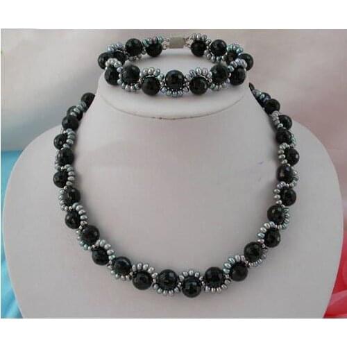 Handmade Pearl Jewellery Set,Classic Black Agates Natural Freshwater Pearl Necklace Bracelet