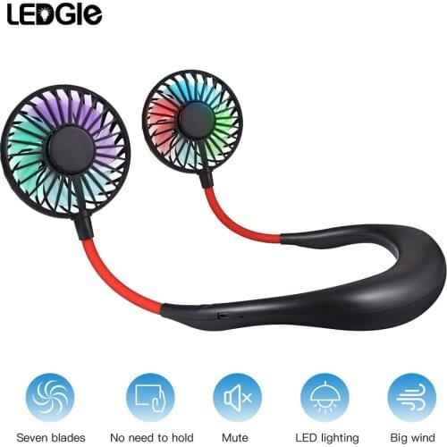 Mini Portable Hand Free Neck Double Fan Usb Air Conditioner Fans With Lights Led Wearable Neckband Fan for Summer Camping Hiking