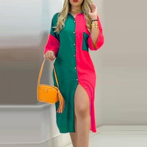 Casual Womens Shirt Dress Color Block Floral Print Single-breasted Midi Dresses for Women Loose Long Sleeve Lapel Dress Vestidos