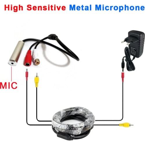 Wide Range High Sensitive Metal CCTV Microphone Device CCTV Audio MIC with 5m cable with power adapter