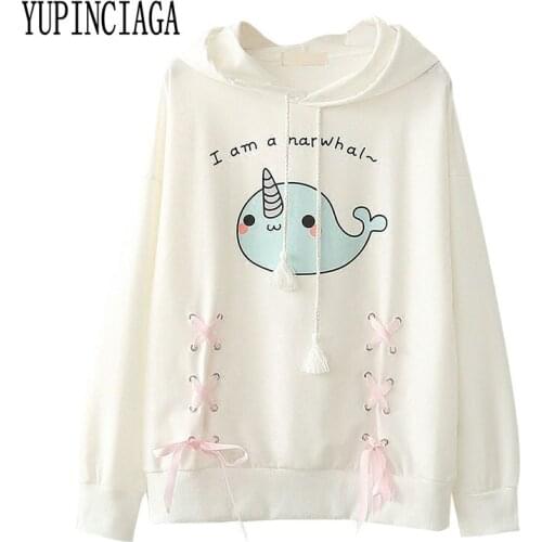 YUPINCIAGA Spring Womens Cartoon Unicorn Print Long Sleeve Hooded Loose Cotton Tracksuits Femme Sweet Drawstring Hoodies