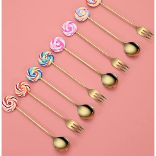 Donut Lollipop Fork Spoon 304 Stainless Steel Dessert Fruit Forks Honey Coffee Stirring Spoon Kid Cutlery Dinnerware Accessories