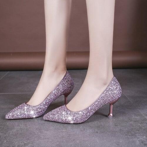 Wq2Fashion Silver High Heels Glitter Heels Pointed Heels Mary Jane Shoes Evening Shoes Dress Shoes Women Pumps Thin Heels Summer